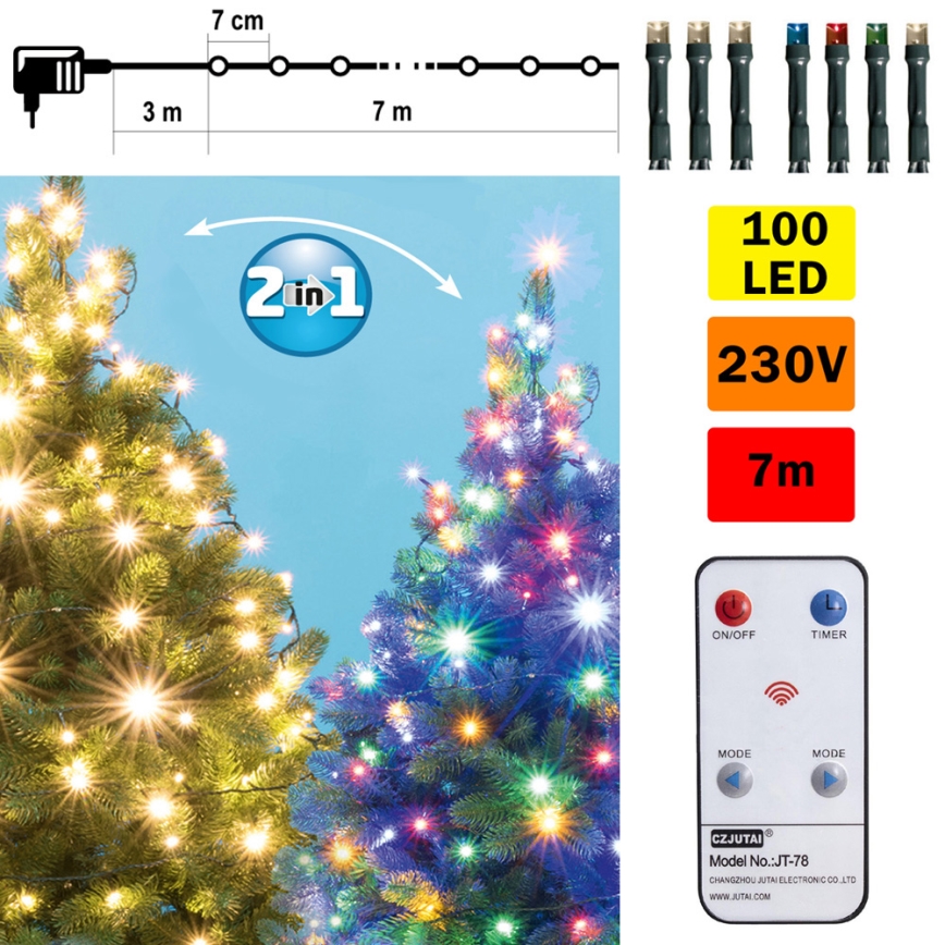 LED Jõuluteemaline väli valguskett 100xLED 10m IP44 soe valge/mitmevärviline + Pult