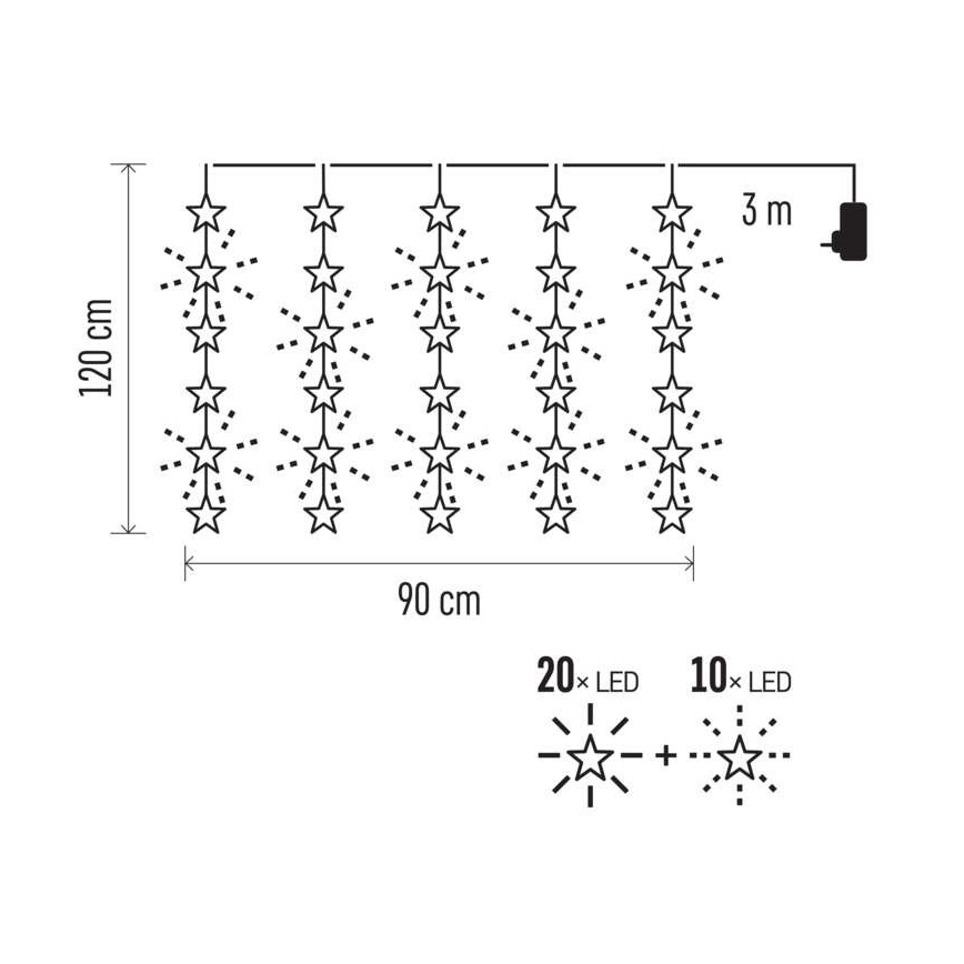 LED Jõuluteemaline väli valguskett 30xLED/3,9m IP44 tähed