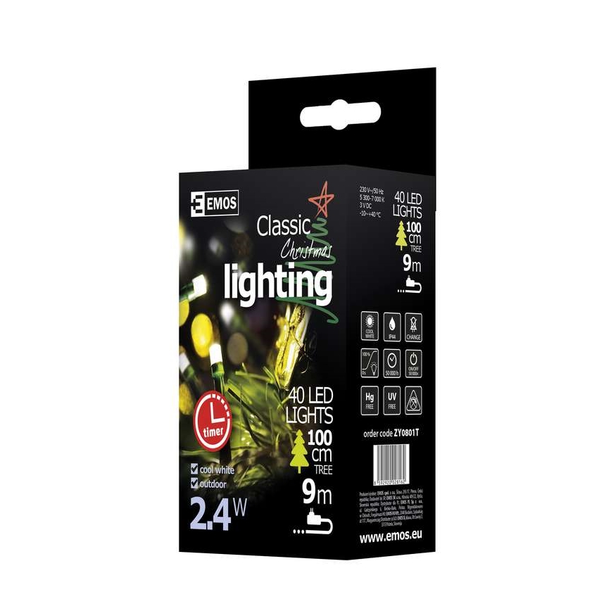 LED Jõuluteemaline väli valguskett CHAIN 40xLED 9m IP44 külm valge