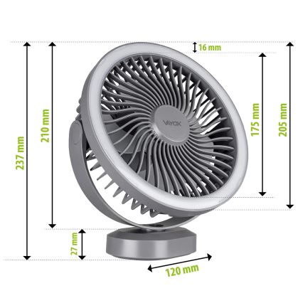LED Laetav laud ventilaator koos LED valgustusega LED/3W/5V USB 2400 mAh hall