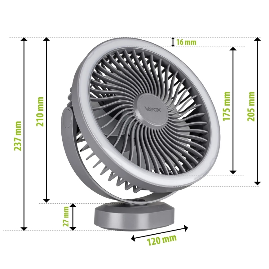 LED Laetav laud ventilaator koos LED valgustusega LED/3W/5V USB 2400 mAh hall