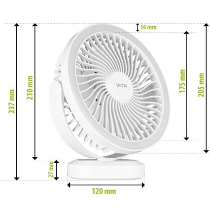 LED Laetav laud ventilaator koos LED valgustusega LED/3W/5V USB 2400 mAh valge