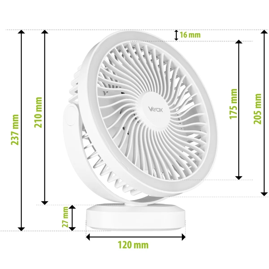 LED Laetav laud ventilaator koos LED valgustusega LED/3W/5V USB 2400 mAh valge