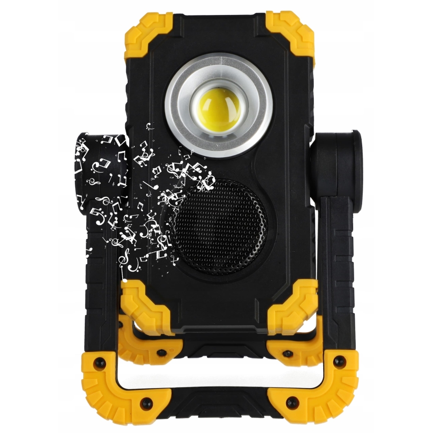 Laetav LED-reflektor kõlariga ja powerbanki-funktsiooniga LED/10W/5V 4400 mAh IP44 must/kollane