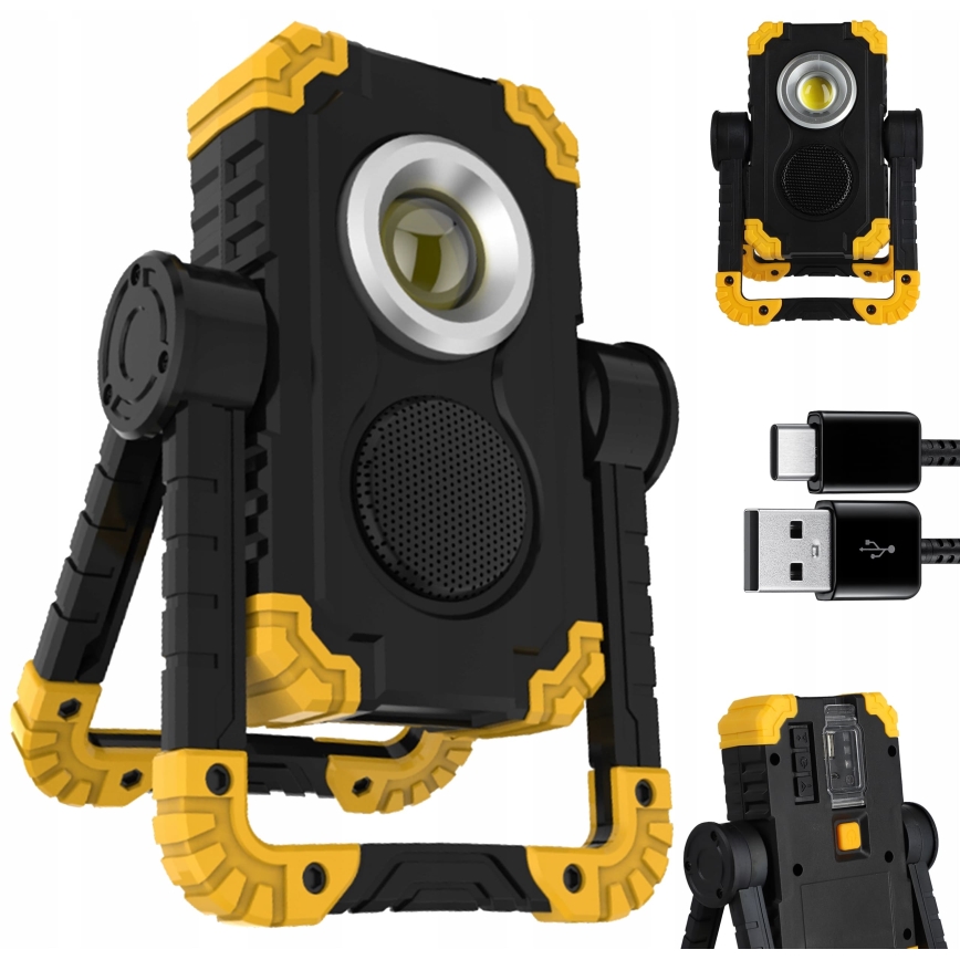 Laetav LED-reflektor kõlariga ja powerbanki-funktsiooniga LED/10W/5V 4400 mAh IP44 must/kollane