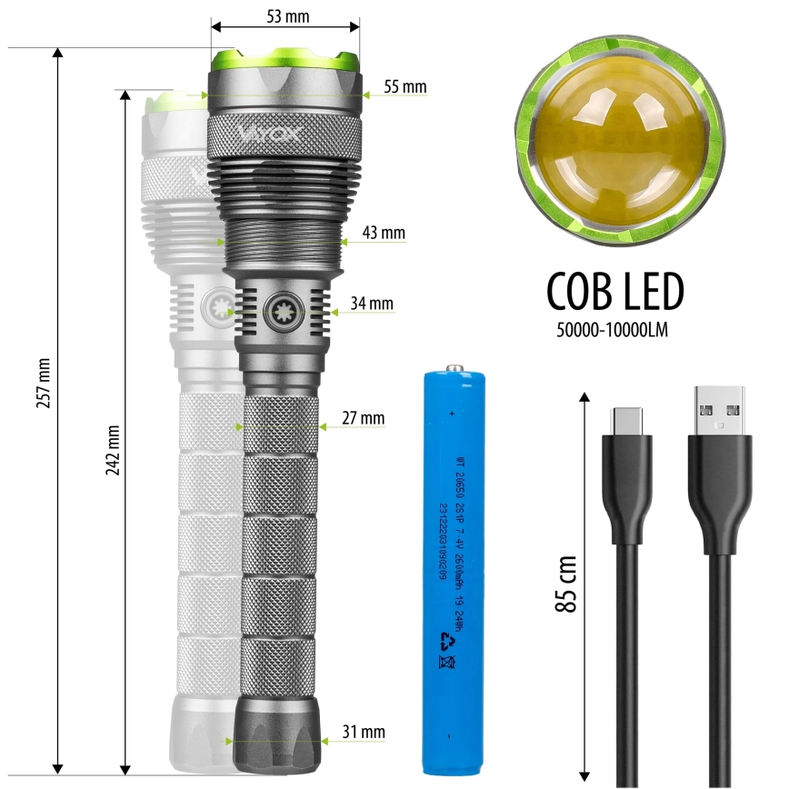 LED Hämardatav laetav taskulamp akupanga funktsiooniga LED/5V IPX7 10000 läikiv 2600 mAh
