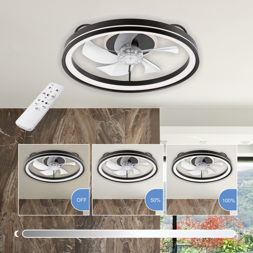 LED Hämardatav laevalgusti ventilaatoriga FARGO LED/37W/230V must + kaugjuhtimispult