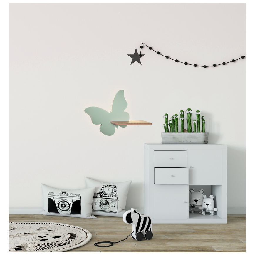 LED Laste seinavalgusti koos riiuliga BUTTERFLY LED/5W/230V roheline/puit - FSC sertifitseeritud