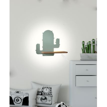 LED Laste seinavalgusti koos riiuliga CACTUS LED/4W/230V roheline/puit - FSC sertifitseeritud