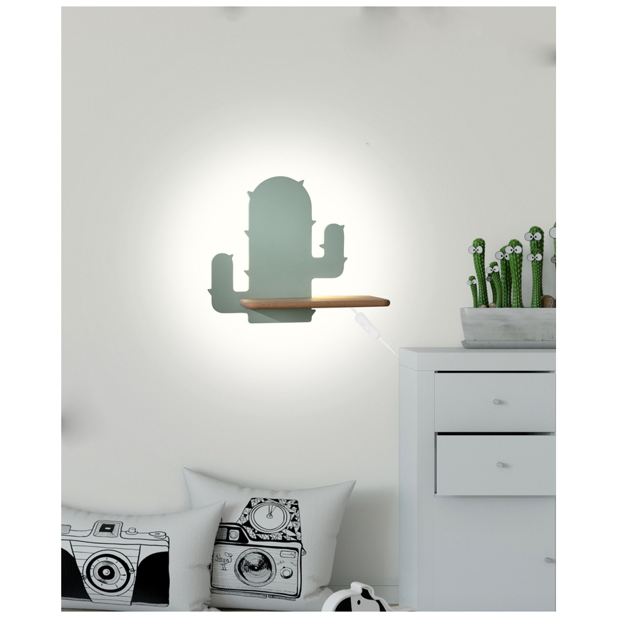 LED Laste seinavalgusti koos riiuliga CACTUS LED/4W/230V roheline/puit - FSC sertifitseeritud