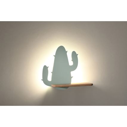 LED Laste seinavalgusti koos riiuliga CACTUS LED/4W/230V roheline/puit - FSC sertifitseeritud