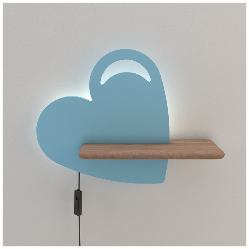 LED Laste seinavalgusti koos riiuliga HEART LED/5W/230V sinine/puit - FSC sertifitseeritud