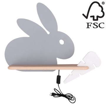 LED Laste seinavalgusti koos riiuliga RABBIT LED/4W/230V hall/valge/puit - FSC sertifitseeritud