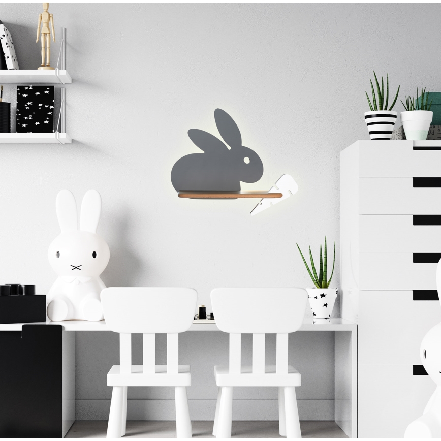 LED Laste seinavalgusti riiuliga RABBIT LED/4W/230V hall/valge/puit - FSC sertifitseeritud