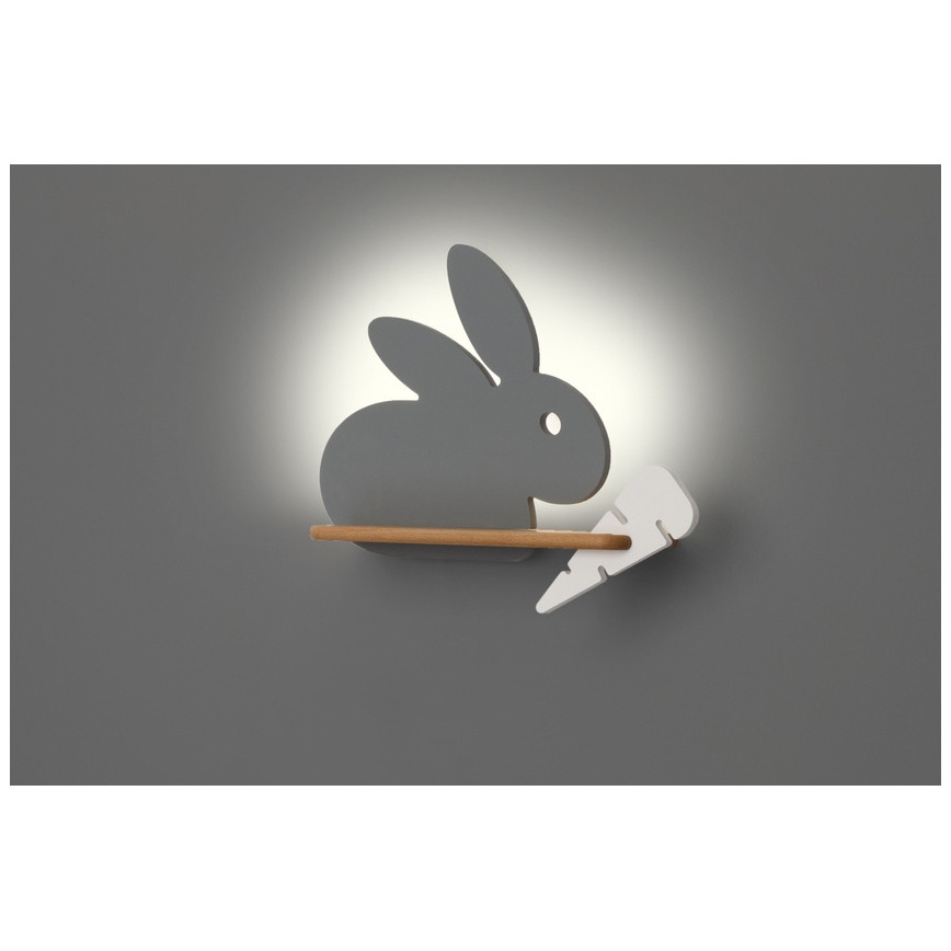 LED Laste seinavalgusti riiuliga RABBIT LED/4W/230V hall/valge/puit - FSC sertifitseeritud