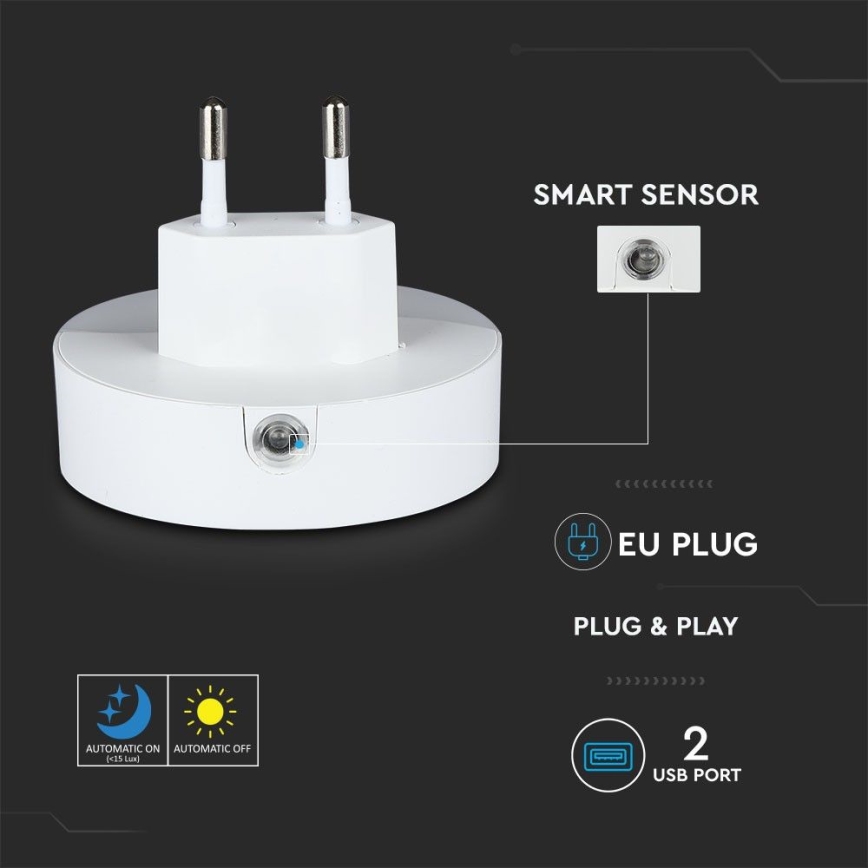 LED Öövalgusti pistikupessa koos hämardusanduriga 2xUSB LED/0,45W/230V 3000K