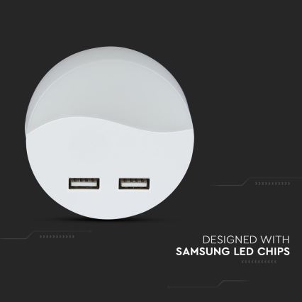 LED Öövalgusti pistikupessa koos hämardusanduriga 2xUSB LED/0,45W/230V 3000K