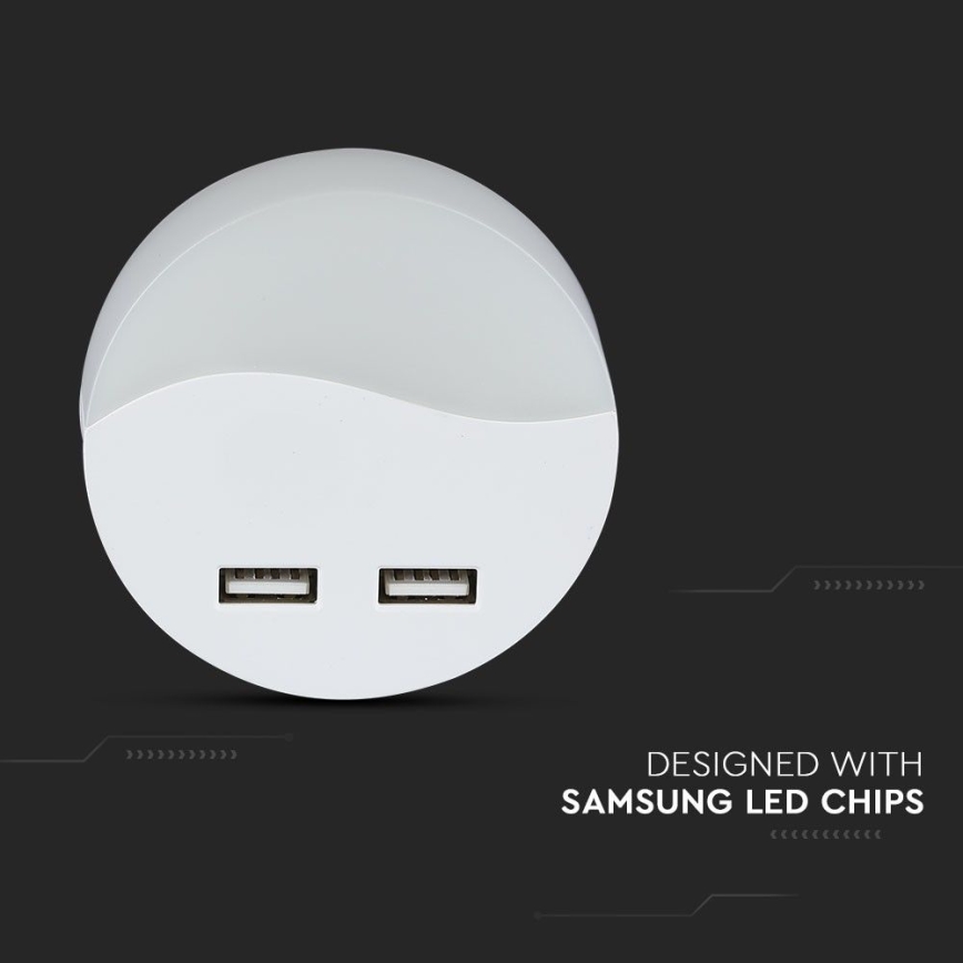 LED Öövalgusti pistikupessa koos hämardusanduriga 2xUSB LED/0,45W/230V 3000K