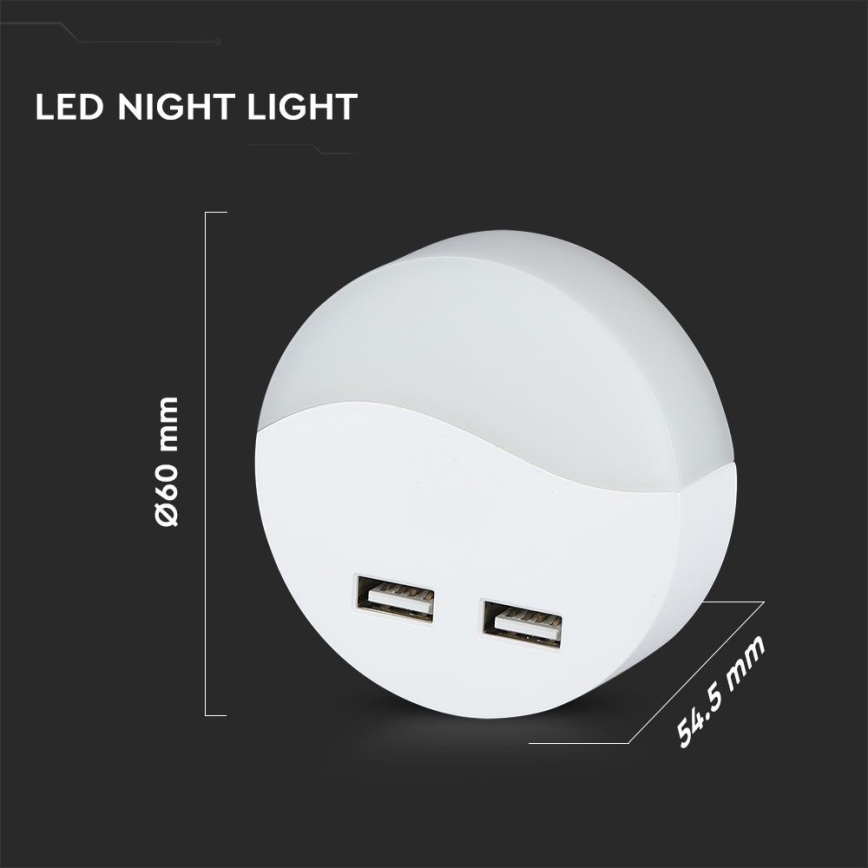 LED Öövalgusti pistikupessa koos hämardusanduriga 2xUSB LED/0,45W/230V 3000K