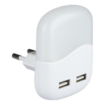 LED Öövalgusti pistikupessa koos hämardusanduriga 2xUSB LED/0,45W/230V 3000K