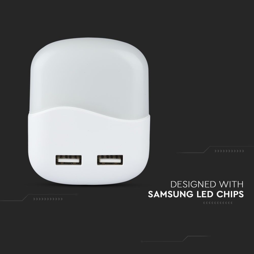 LED Öövalgusti pistikupessa koos hämardusanduriga 2xUSB LED/0,45W/230V 4000K