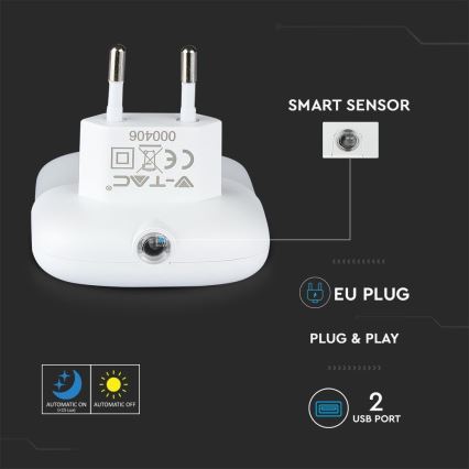 LED Öövalgusti pistikupessa koos hämardusanduriga 2xUSB LED/0,45W/230V 4000K