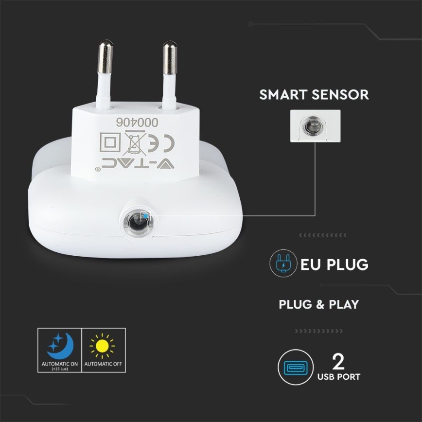 LED Öövalgusti pistikupessa koos hämardusanduriga 2xUSB LED/0,45W/230V 4000K