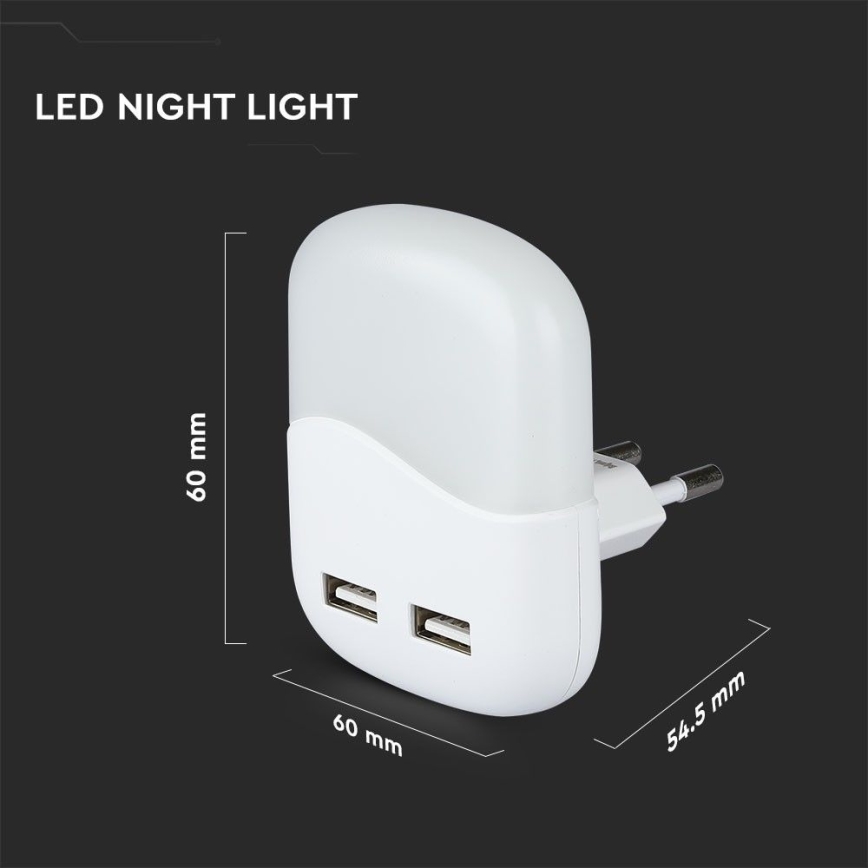 LED Öövalgusti pistikupessa koos hämardusanduriga 2xUSB LED/0,45W/230V 4000K