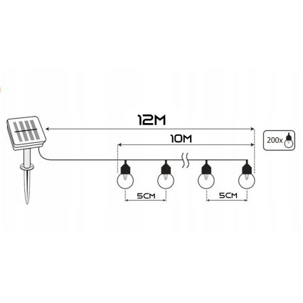 LED päikeseenergial töötav dekoratiivne valguskett 200xLED/1,2V 800 mAh 12 m IP44 must