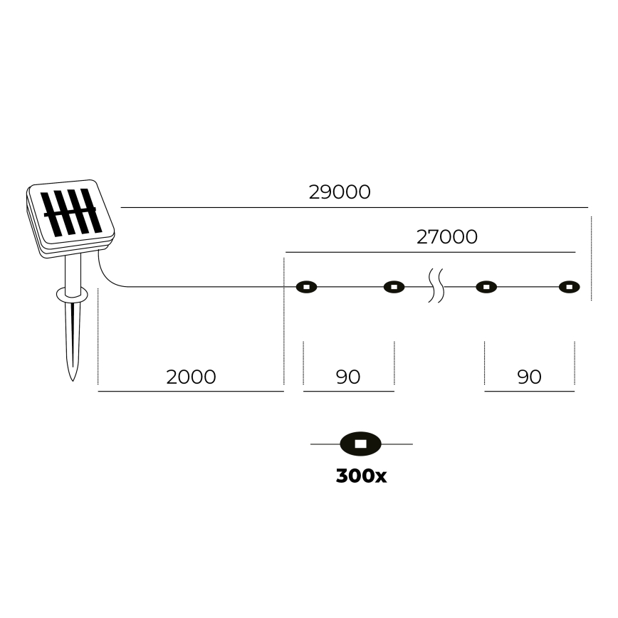 LED - Päikesepaneel valguskett 300xLED/0,12W/1,2V 1xAA 27 m IP44 3000K 800 mAh
