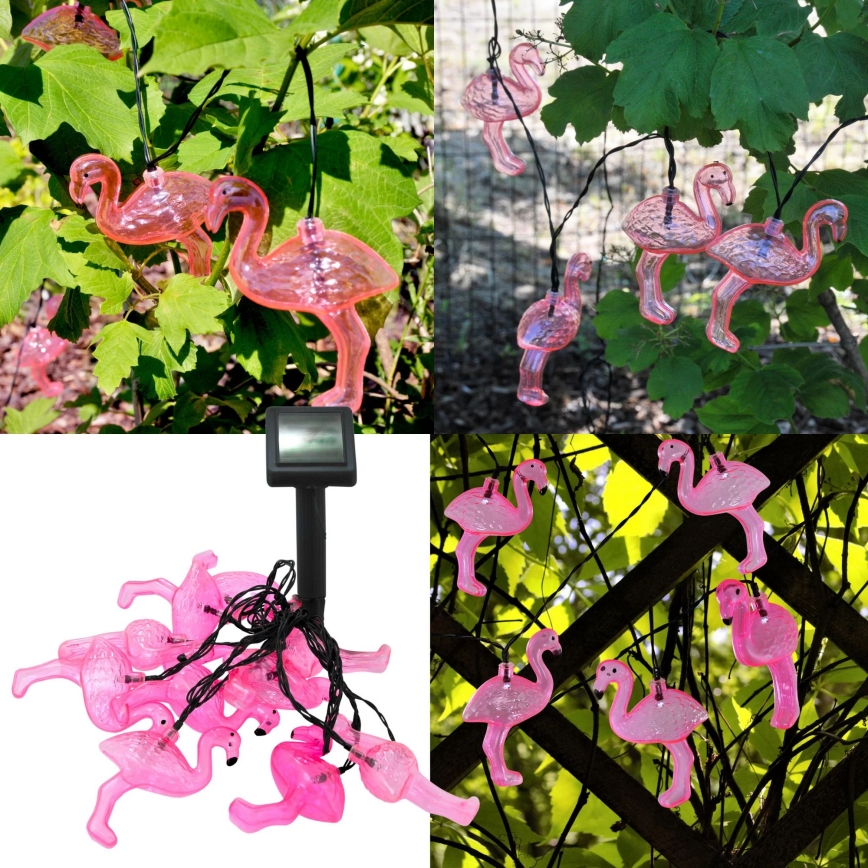 LED Päikesepaneeliga dekoratiivne kett 10xLED/1,2V 300 mAh 3,8 m IP44 flamingo