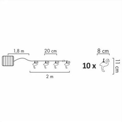 LED Päikesepaneeliga dekoratiivne kett 10xLED/1,2V 300 mAh 3,8 m IP44 flamingo