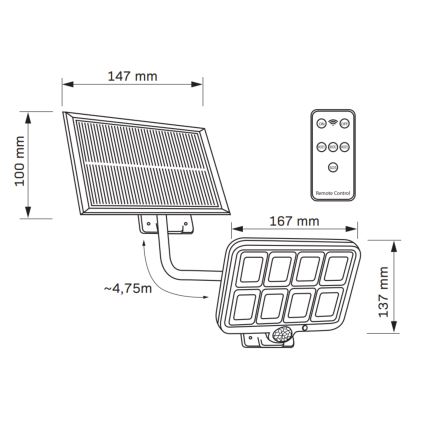 LED Päikesepaneeliga prožektor koos anduriga INTEGRA LED/3W/3,7V 1200 mAh IP44 + kaugjuhtimispult