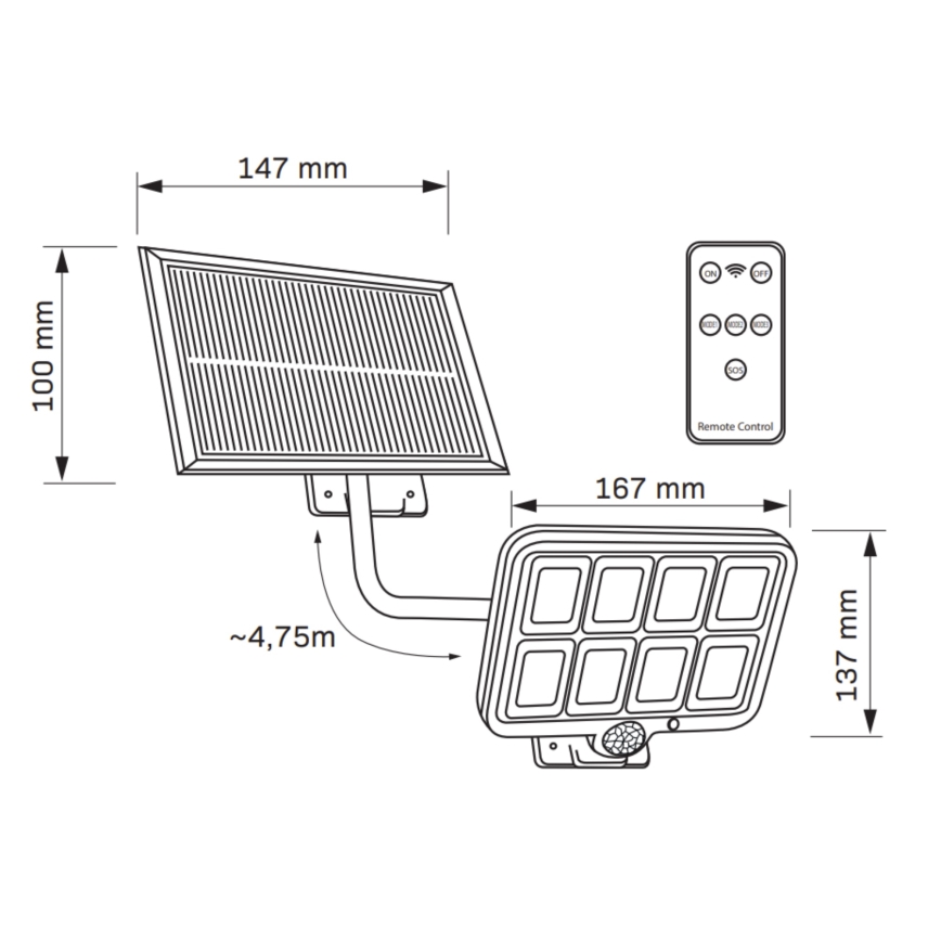 LED Päikesepaneeliga prožektor koos anduriga INTEGRA LED/3W/3,7V 1200 mAh IP44 + kaugjuhtimispult