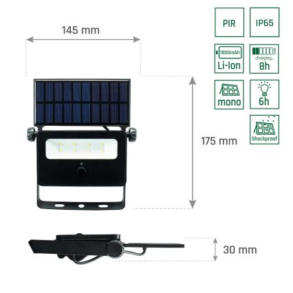 LED Päikesepaneeliga prožektor koos anduriga NOCTIS LED/2W/1800 mAh 3,7V 6000K IP65