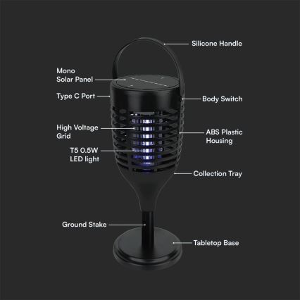 LED Päikesepaneeliga putukalõks 3-ühes LED/1,3W/3,7V IP24 20 mm 2200 mAh