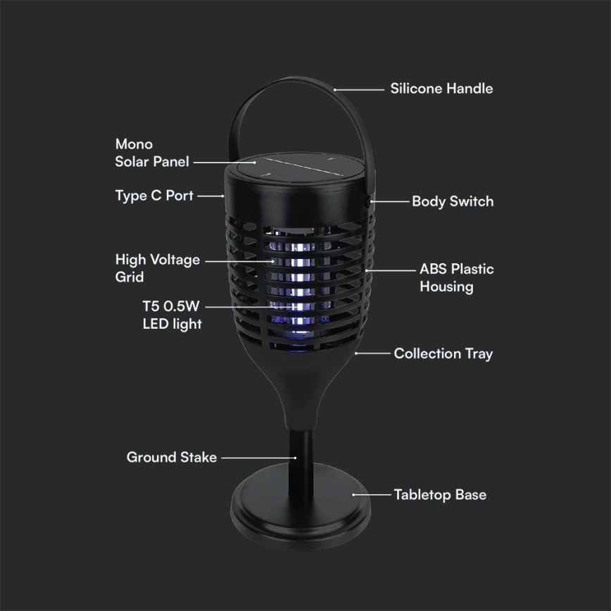LED Päikesepaneeliga putukalõks 3-ühes LED/1,3W/3,7V IP24 20 mm 2200 mAh