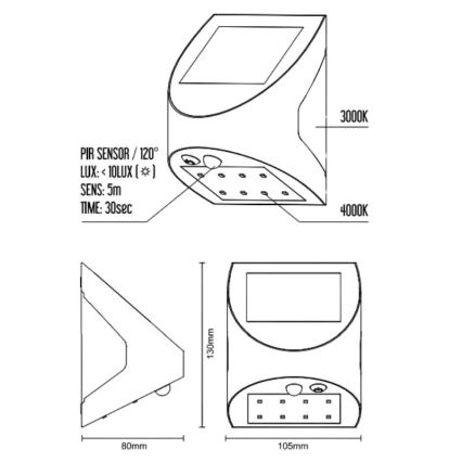 LED päikesepaneeliga seinavalgusti anduriga LED/3W/3,7V 3000/4000K 1200 mAh IP54 valge