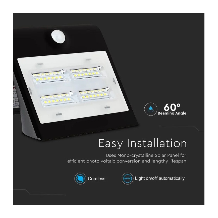 LED Päikesepaneeliga seinavalgusti koos anduriga LED/3W/3,7V 3000/4000K IP65 must