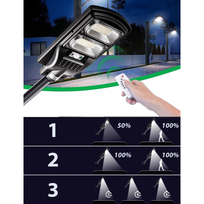 LED Hämardatav päikesepaneeliga tänavavalgusti koos anduriga LED/120W/6V 6500K IP65 must + kaugjuhtimispult