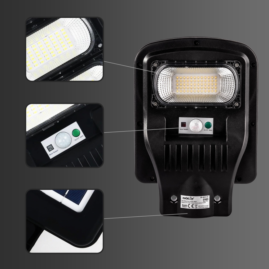 LED Hämardatav päikesepaneeliga tänavavalgusti koos anduriga LED/150W/6V 6500K IP65 must + kaugjuhtimispult