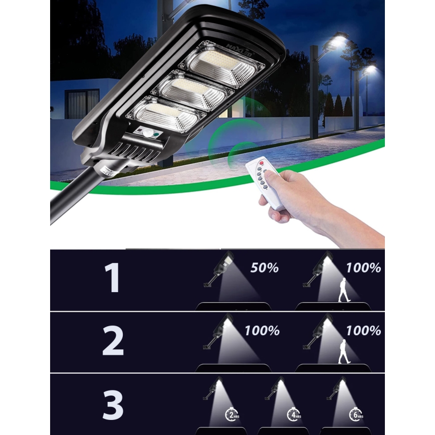 LED Hämardatav päikesepaneeliga tänavavalgusti koos anduriga LED/180W/6V 6500K IP65 must + kaugjuhtimispult