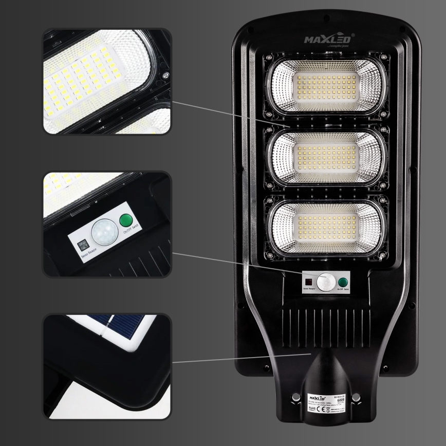 LED Hämardatav päikesepaneeliga tänavavalgusti koos anduriga LED/180W/6V 6500K IP65 must + kaugjuhtimispult