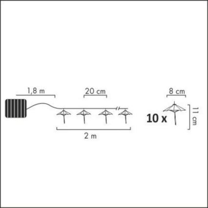 LED päikesepaneeliga valguskett 10xLED/1,2V 300 mAh 3,8 m IP44 vihmavarjud