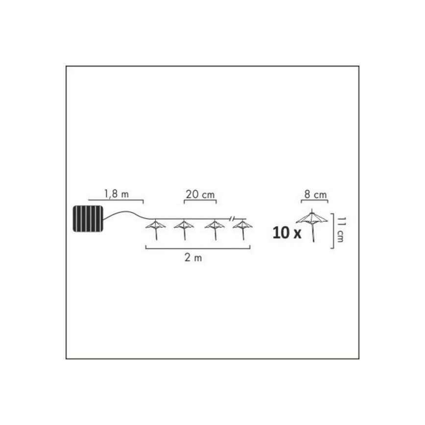 LED päikesepaneeliga valguskett 10xLED/1,2V 300 mAh 3,8 m IP44 vihmavarjud