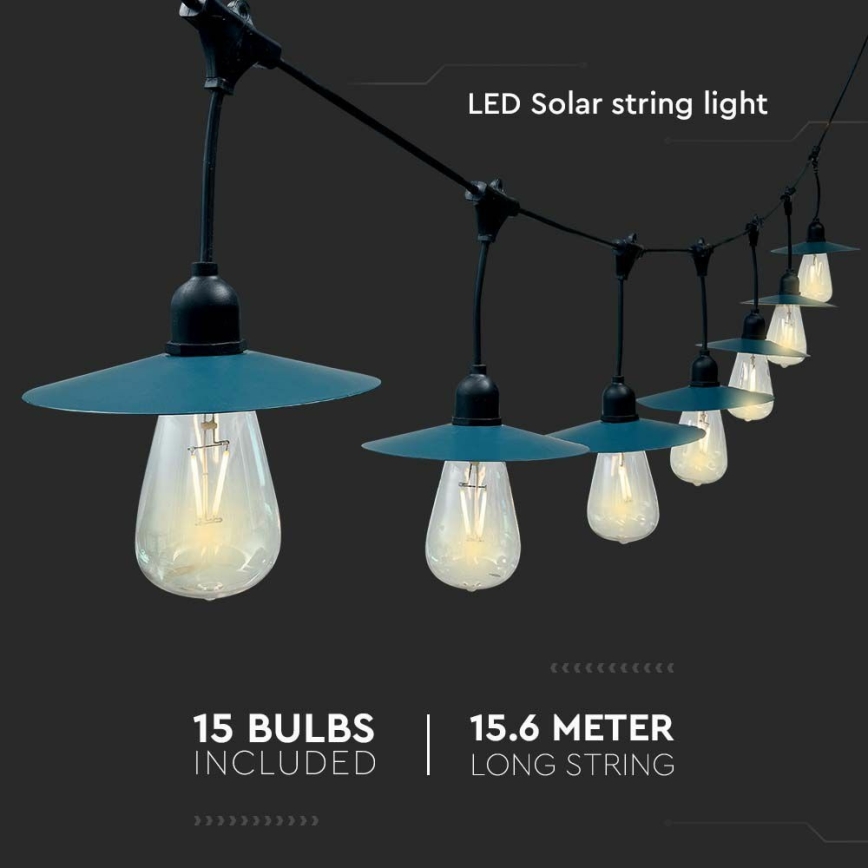 LED Päikesepaneeliga valguskett 15xLED/0,2W/3,7V 15,6 m 3000K IP44 2400 mAh