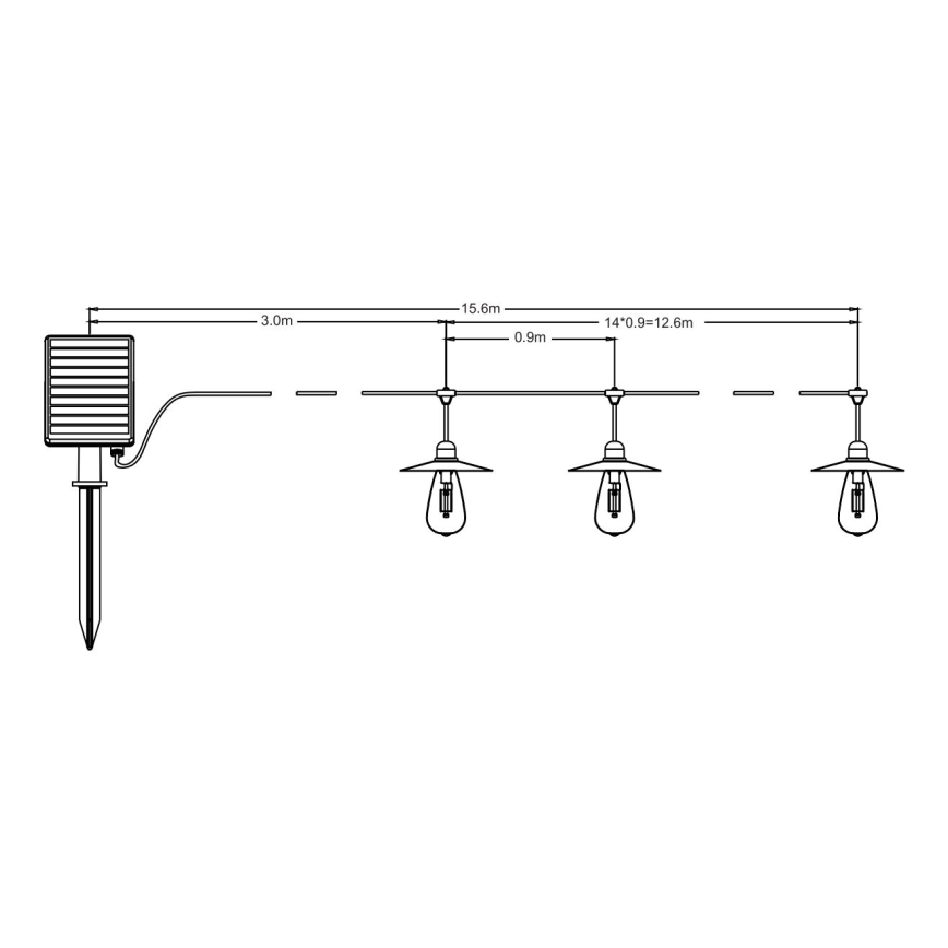 LED Päikesepaneeliga valguskett 15xLED/0,2W/3,7V 15,6 m 3000K IP44 2400 mAh