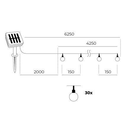 LED päikesepaneeliga valguskett 30xLED/0,12W/1,2V 1xAA 3000K IP44 400 mAh