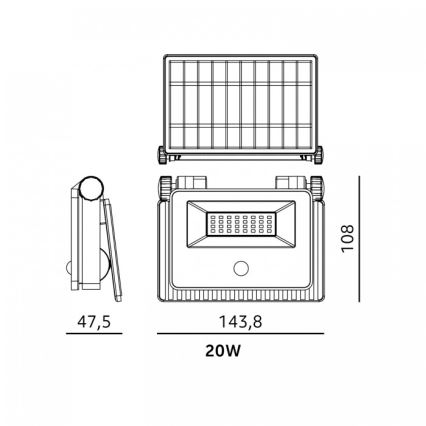 LED päikesereflektor anduriga NCS G2 LED/20W/3,7V 3000/4000/6500K IP54 2600 mAh