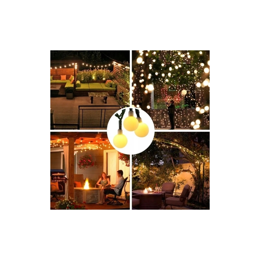LED-päikesetoitega dekoratiivne valgusnöör 50×LED, 8 funktsiooni, 500 mAh, 9,5 m, IP67, soe valge